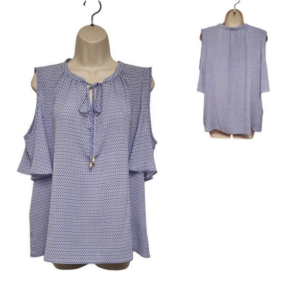 Michael Kors Cold Shoulder Short Sleeve Front Tie Blue/White Floral Sheer Top XL - Picture 1 of 7